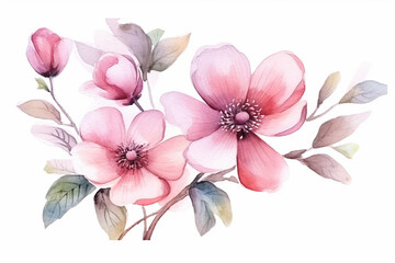 Fototapeta na wymiar Watercolor painting of flowers and leaves isolated on white background created with Generative AI technology