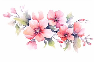 Naklejka na ściany i meble Watercolor painting of flowers and leaves isolated on white background created with Generative AI technology