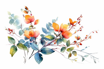 Watercolor painting of flowers and leaves isolated on white background  created with Generative AI technology