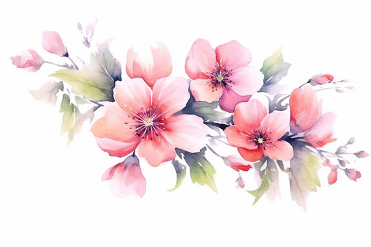 Watercolor painting of flowers and leaves isolated on white background created with Generative AI technology