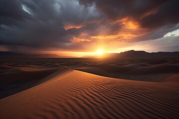Fototapeta na wymiar Generative AI image of scenic view of desert terrain with sandy dunes under cloudy sky at sundown