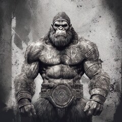 Fototapeta premium Mighty Ape Warrior: Muscular Gorilla Soldier in Duotone, Generated by Generative AI 