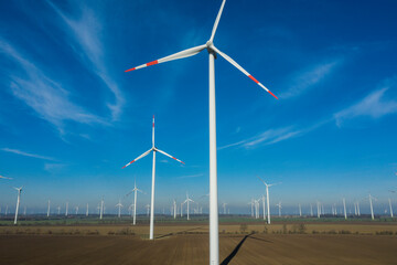 Windkraftanlagen auf flachem Ackerland vor blauem Himmel