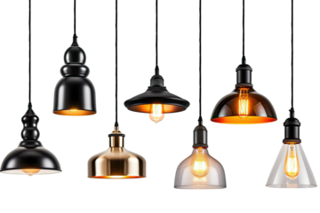 Hanging and floor lamps, light in the dark.
Light bulbs Generative ai, Transparent background