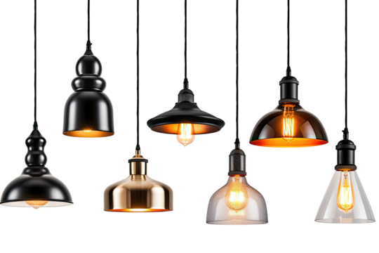 Hanging and floor lamps, light in the dark.
Light bulbs Generative ai, Transparent background