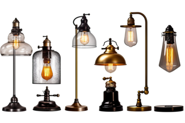 Hanging and floor lamps, light in the dark.
Light bulbs Generative ai, Transparent background