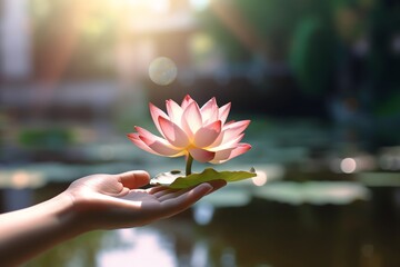 A hand holding a blooming lotus vibrant background. generative AI