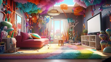 Modern interior children's bedroom with colorful wallpaper and prints of flowers and futuristic designs on the walls. AI