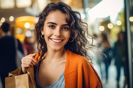 A close - up shot of a lively and animated woman who is brimming with excitement after a satisfying shopping. Generative AI
