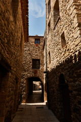 The Besalú bridge is a Romanesque bridge with arches and defensive towers built in the Middle Ages. Girona. Catalonia. Spain