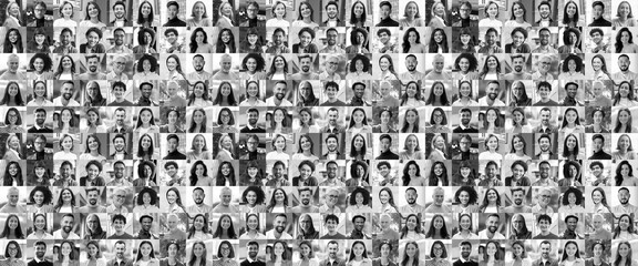 Large black and white collage, portrait of multiracial smiling different business people. A lot of happy modern people faces in mosaic collection. Successful business, team, career, diversity concept - Powered by Adobe