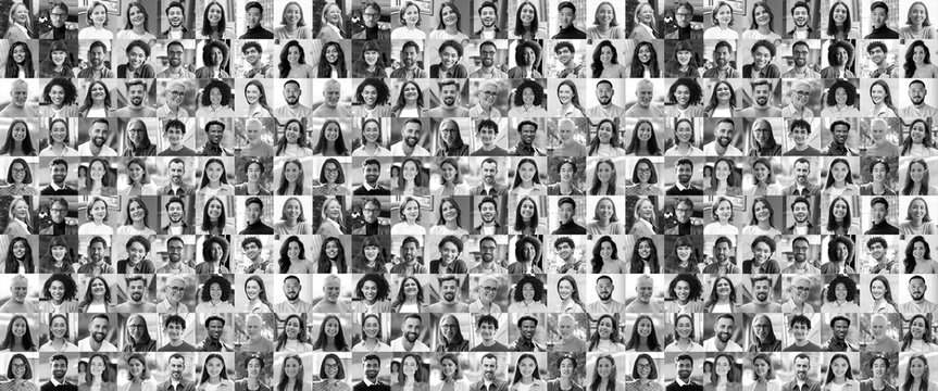 Large black and white collage, portrait of multiracial smiling different business people. A lot of happy modern people faces in mosaic collection. Successful business, team, career, diversity concept