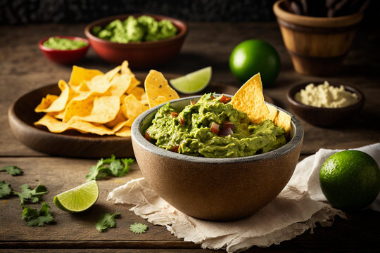Guacamole in a bowl served chips and lime , generative AI