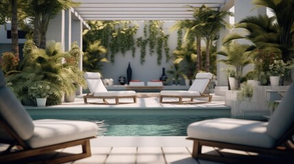 Fototapeta premium Exquisite interior lounge area near the swimming pool with sun loungers, hotel zone, SPA Relaxing holiday generative AI