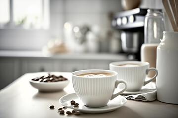Obraz na płótnie Canvas Coffee drinks in white cups on a kitchen counter, generative AI