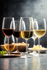 Variety of glasses with red, white and rose wine, generative AI