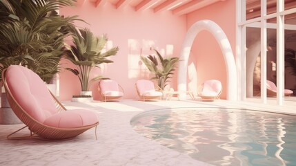 Exquisite interior lounge area near the swimming pool with sun loungers, hotel zone, SPA Relaxing holiday generative AI