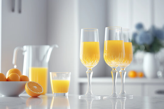 Mimosa cocktail in flute glasses on a countertop, generative AI
