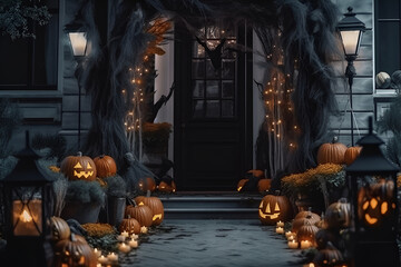 The house entrance is traditionally decorated with cut out jack-o'-lanterns and lights for Halloween celebrations, generative AI.