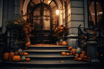 The house entrance is traditionally decorated with cut out jack-o'-lanterns and lights for Halloween celebrations, generative AI.