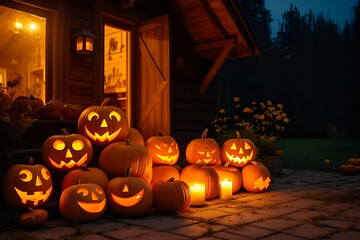 The house entrance is traditionally decorated with cut out jack-o'-lanterns and lights for Halloween celebrations, generative AI.