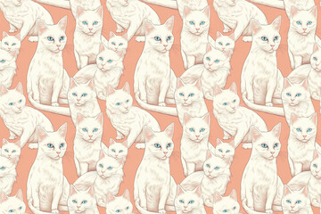 Pattern of white cats on a background of apricot soum color V2