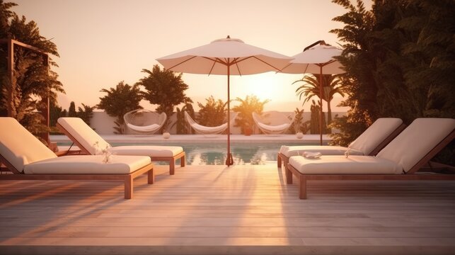 Exquisite interior lounge area near the swimming pool with sun loungers, sunset, generative AI image