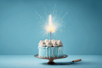 Small blue birthday cake on blue background, generative AI - obrazy, fototapety, plakaty