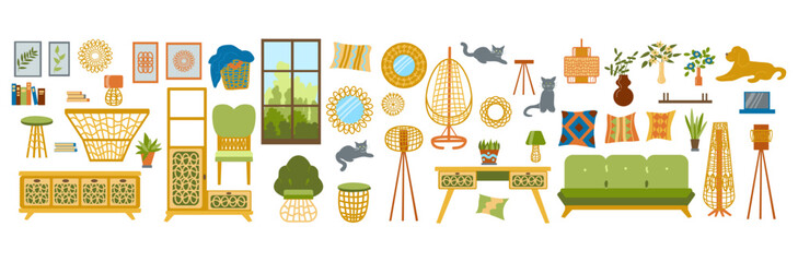 Vector collection of living room and study furniture and decor elements in a stylized Art Deco and modern style. Set of illustrations of furniture for a cozy interior, hand-drawn in a flat style.