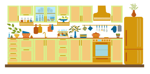 Vector concept art of the kitchen interior with Art Deco furniture. illustrations of a cozy interior with modern furniture, hand-drawn in a flat style.
