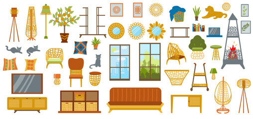 Vector set of furniture and decor elements for the living room and study in a stylized Art Deco style. Collection of illustrations of furniture for a cozy interior, hand-drawn in a flat style.