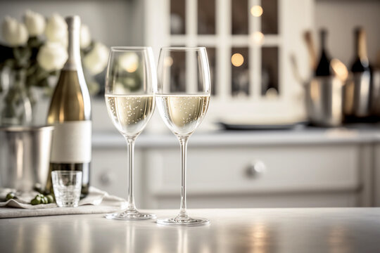 Two glasses of champagne or sparkling wine in a bright modern kitchen, generative AI