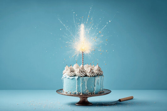 Small blue birthday cake on blue background, generative AI