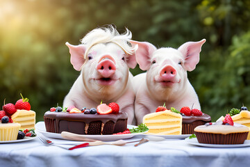 Pig eats cake  created using AI Generative Technology	

