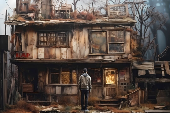 A man looking at an old broken-down house wallpaper. generative AI