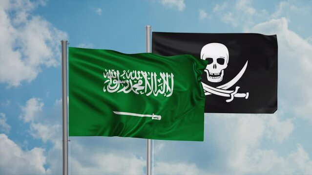 Saudi Arabia flag and corsair flag waving together in the wind on blue sky, cycle looped video