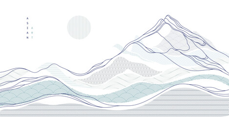 Abstract oriental Japanese art vector background, traditional style design, wavy shapes and mountains terrain landscape, runny like sea lines.