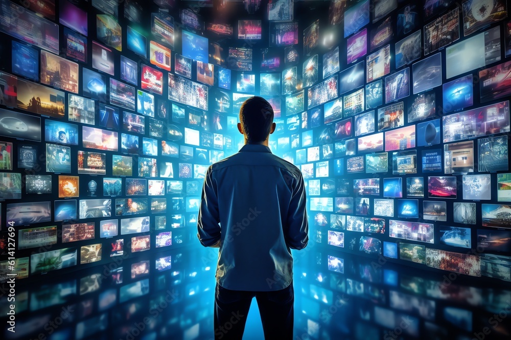 Wall mural a man standing in front of an array of television scene. generative ai