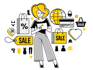 Online shopping and discount vector outline illustration, virtual store worker managing goods or customer have a big choice and enjoying cheap prices, adviser consultant.