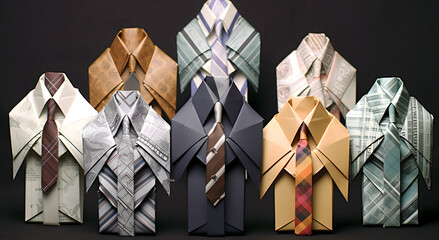 Collection of origami shirts with tie patterns on a dark background