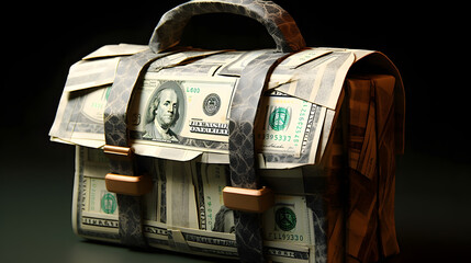 Origami briefcase made from dollar bills on a dark background