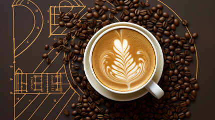 Latte art coffee surrounded by beans on a schematic background
