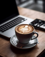 Cup of cappuccino with latte art on a desk next to a laptop