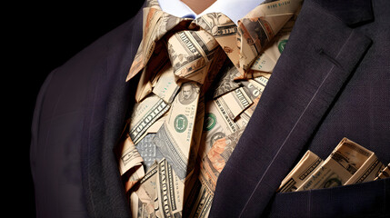 Business suit with a tie made of dollar bills, symbolizing wealth