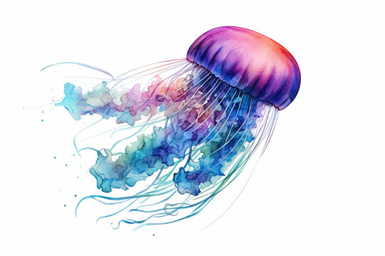 Watercolor painting of jellyfish isolated on a white background created with Generative AI