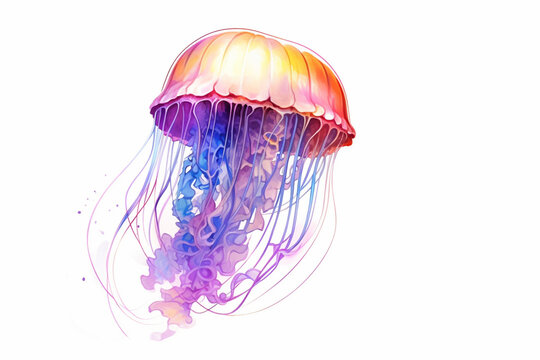Watercolor painting of jellyfish isolated on a white background created with Generative AI