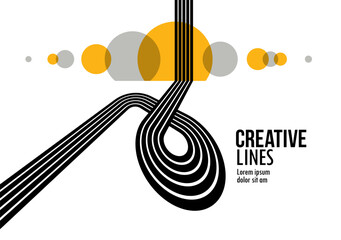 Future lines in 3D perspective vector abstract background, black and yellow linear composition, road to horizon and sky concept, optical illusion op art.