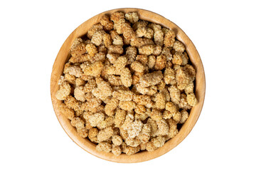 Dried mulberry isolated on white background. Sun-dried organic white dried mulberry in wooden bowl. Superfood, Vegetarian food concept. healthy snacks. Top view
