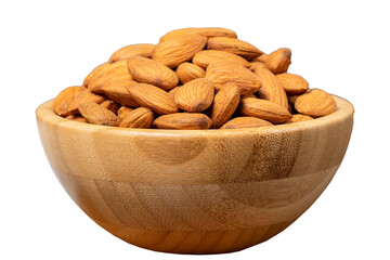 Almond isolated on white background. Organic almond nut in wooden bowl. Superfood, Vegetarian food concept. healthy snacks