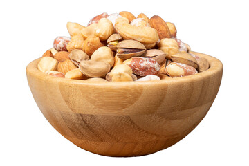 Naklejka na ściany i meble Mixed nuts isolated on white background. Special mixed nuts in a wooden bowl. Nuts, pistachios, peanuts, cashews, almonds. superfood Vegetarian food concept. healthy snacks. Close up